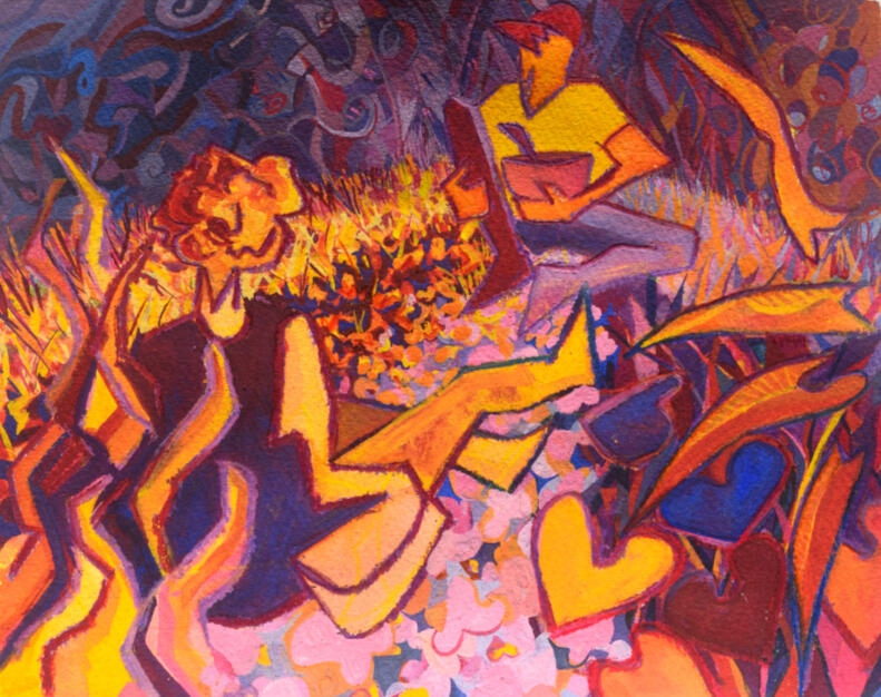 Garden Meeting gouache, oil pastel, and colored pencil on paper, 2024